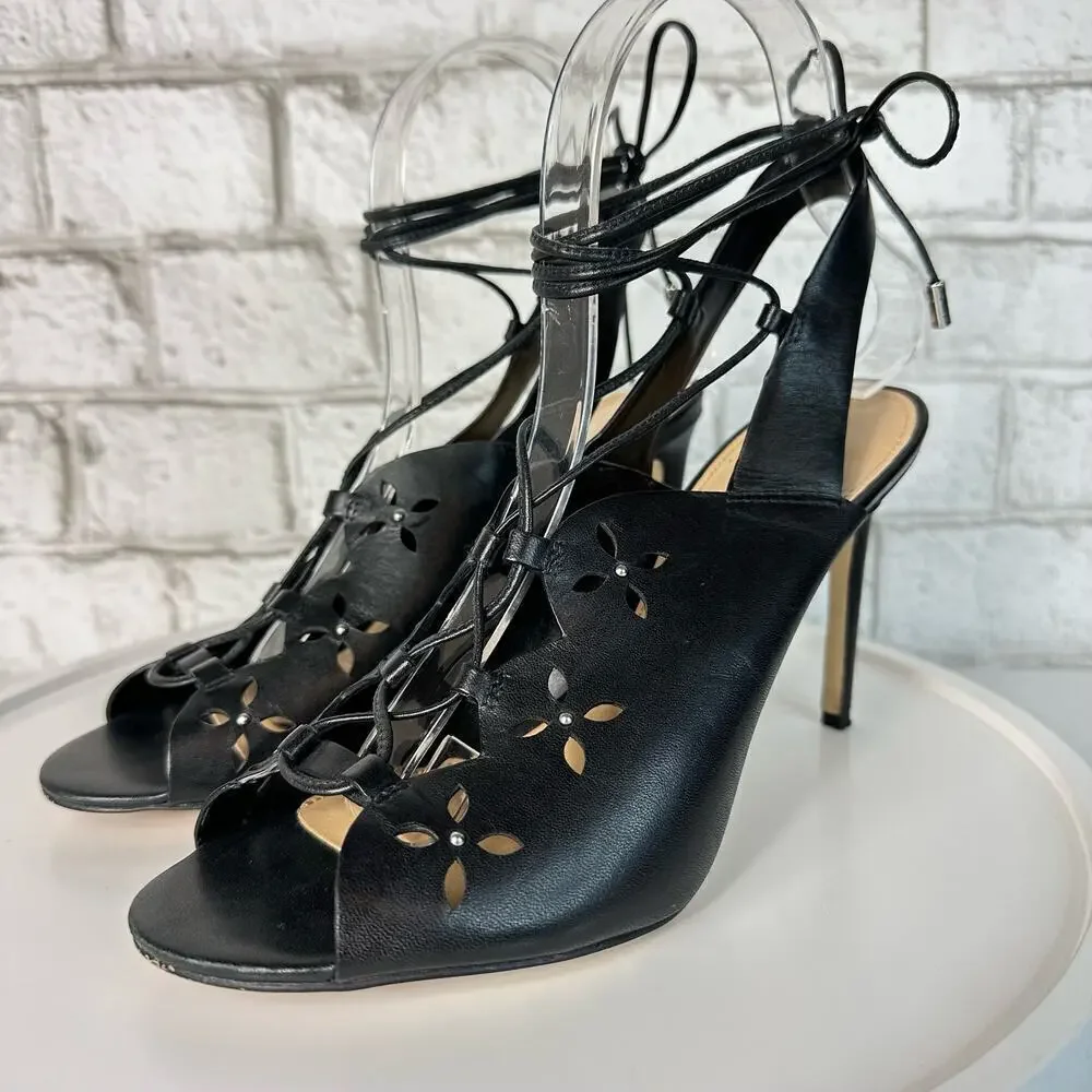 Michael Kors Black Heels Thalia Ankle Wrap Strappy Pump Stiletto Open Toe 7.5 38